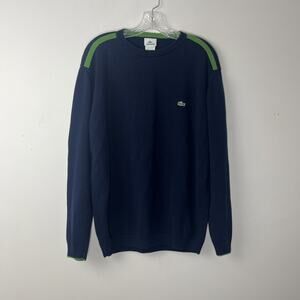 Lacoste Knit Cotton Sweater Mens 7 XL Navy Green Stripe Logo Pullover Jumper